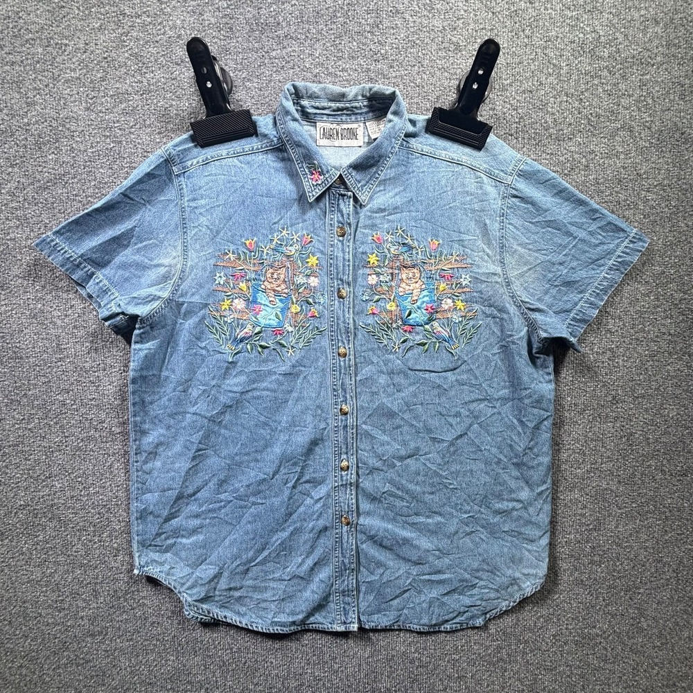 VTG Lauren Brooke Shirt Women's XL Blue Denim Embroidered Cats Floral Button Up